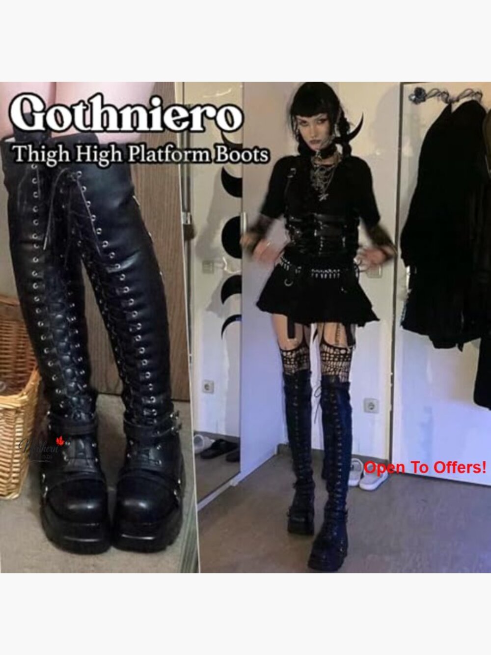 Faux Leather Over Knee Platform Boots with Buckles Side Zip Chunky Heel - Picture 4 of 7